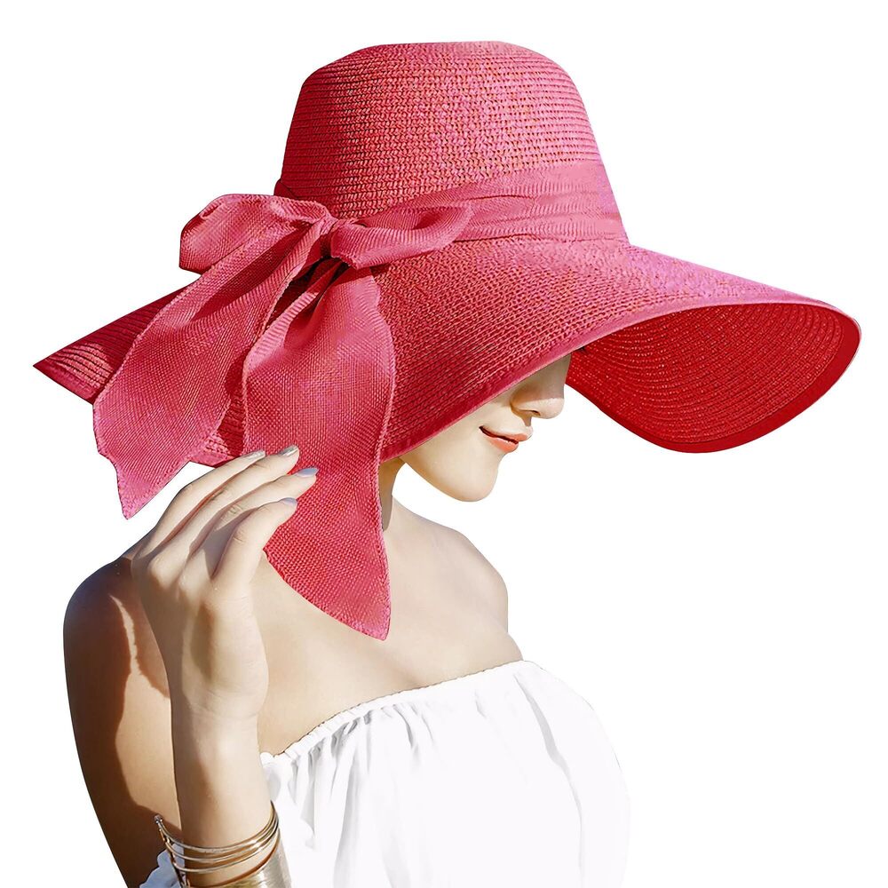 4017 5.5 Inches Big Bowknot Straw Hat Large Floppy Foldable Roll up Beach